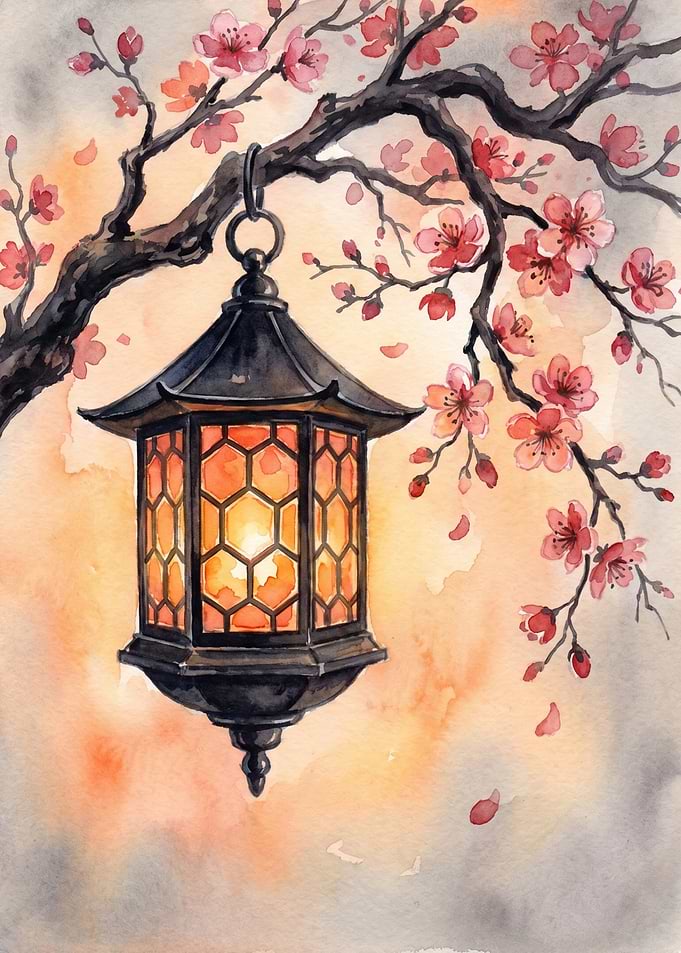 Lantern Hanging from Cherry Blossom Branch