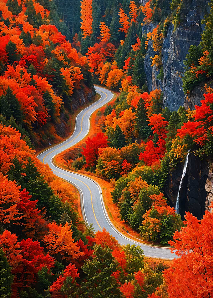 Winding Road Through Autumn Forest
