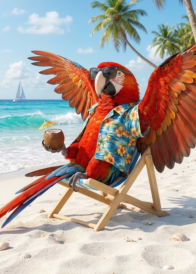Parrot on Vacation with Coconut Drink