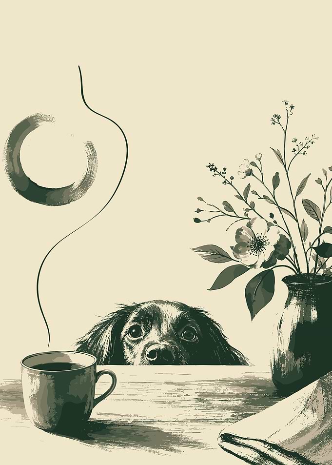 Cute Dog Coffee Wall Art Print – Whimsical Zen Puppy Illustration Poster