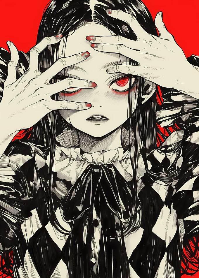 Anime Girl with Red Eyes and Harlequin Outfit