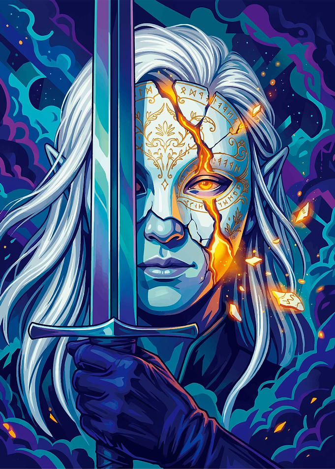 Elf Warrior with Cracked Mask and Sword