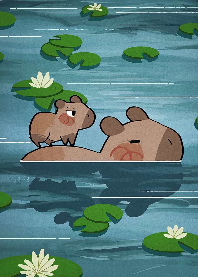 Two Capybaras in Water with Lily Pads