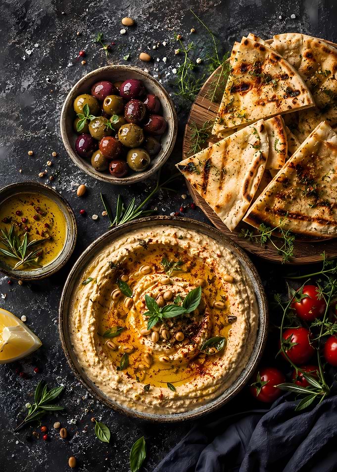 Hummus with Pita and Olives