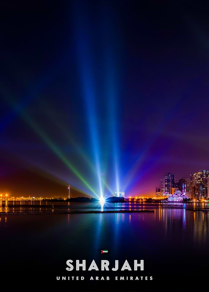 Sharjah Cityscape at Night with Light Show