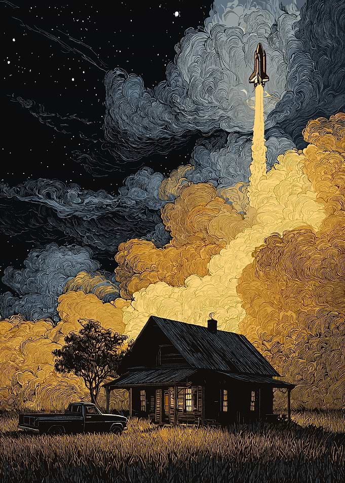 Space Shuttle Launch Over Rural House