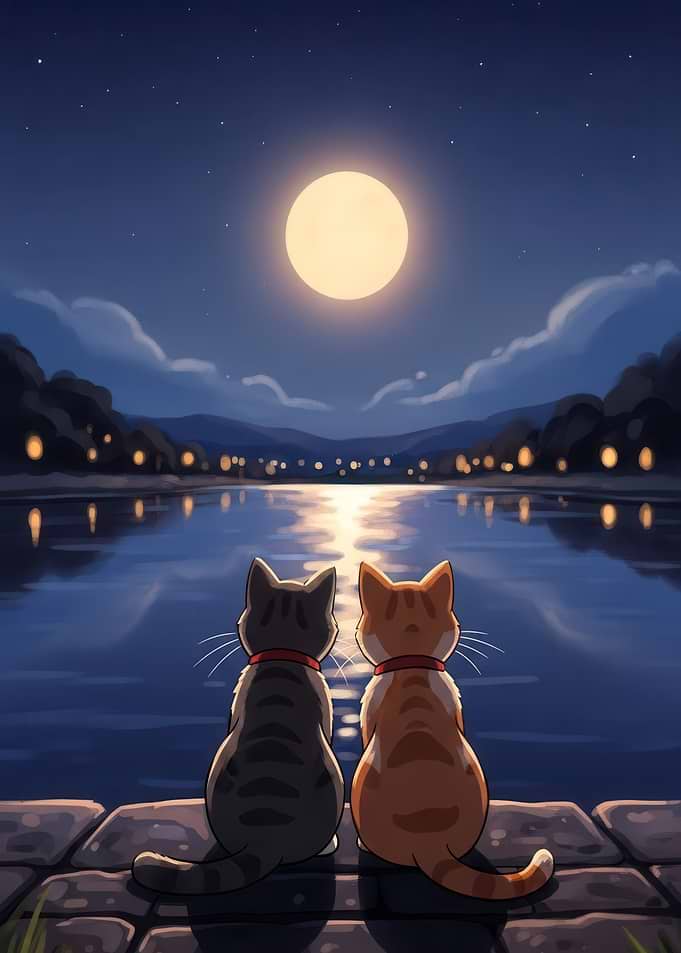 Two Cats Watching the Moonlit Lake