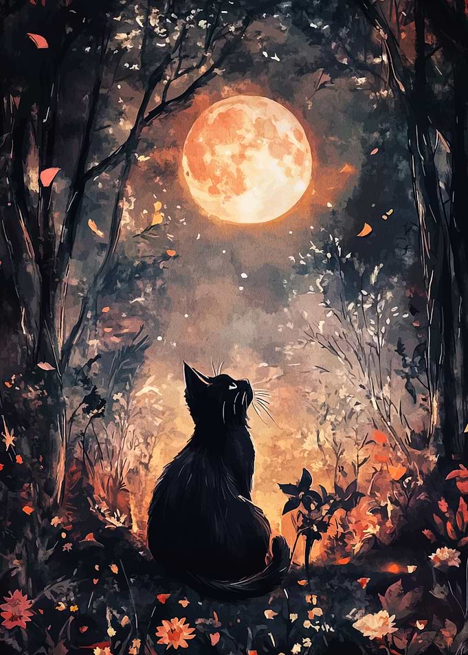 Black Cat Under Full Moon