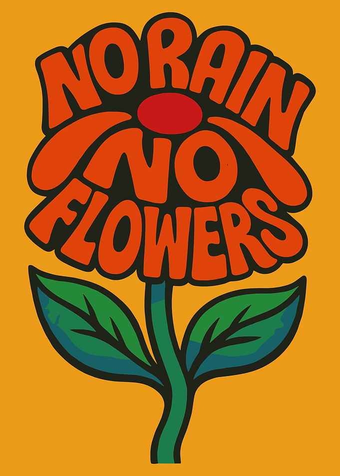 No Rain No Flowers Retro Floral Typography Orange Wall Art Poster Design