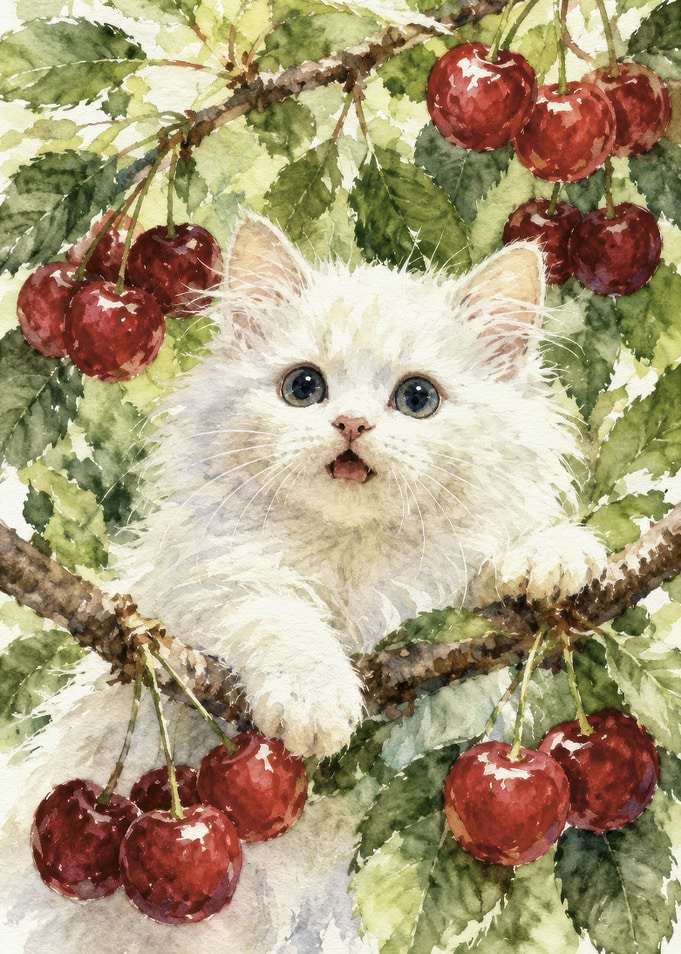 Fluffy White Kitten in Cherry Tree
