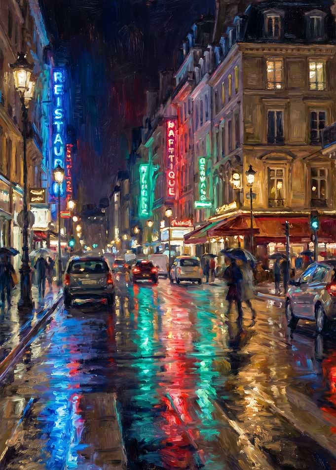 Rainy Paris Street at Night