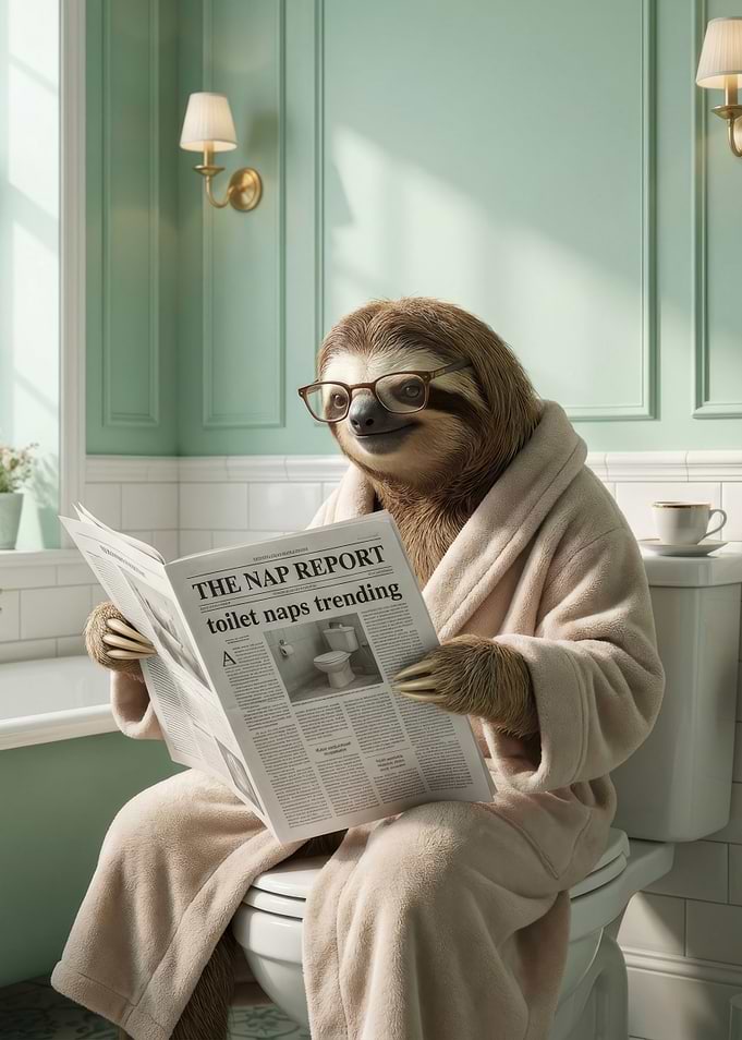Sloth Reading Newspaper on Toilet, funny animal