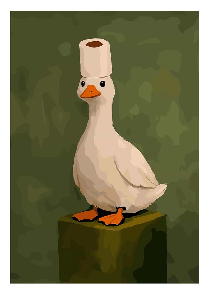 Goose wearing a toilet paper hat