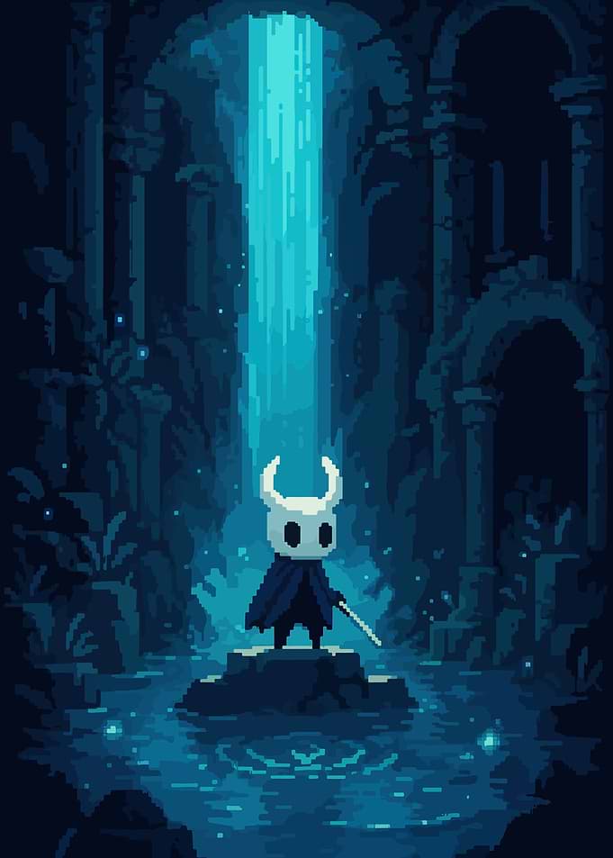 Hollow Knight in a Blue Cave