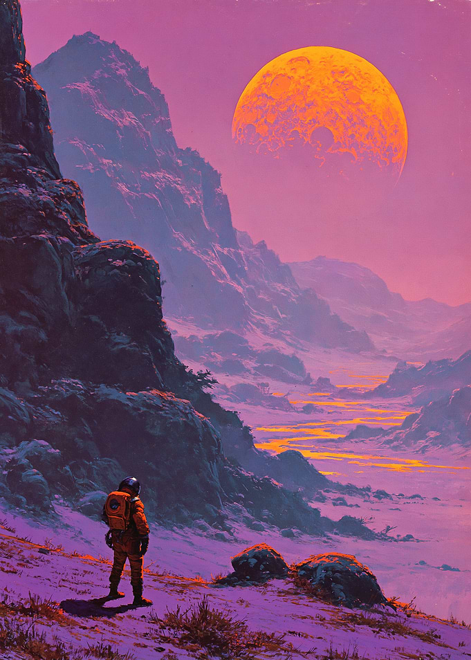 Astronaut on alien planet with large moon