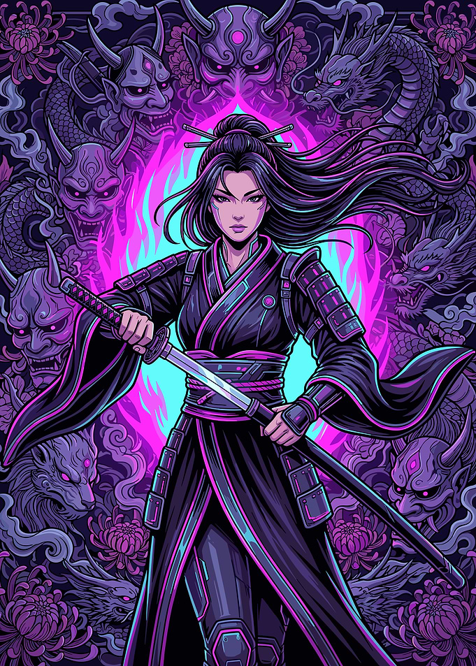 Samurai Warrior with Dragons and Oni Masks