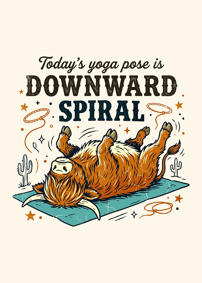 Funny Highland Cow Yoga Poster – Downward Spiral Western Cow Wall Art