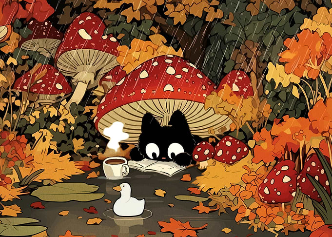 Cute Black Cat Reading Under Mushroom in Autumn Rain