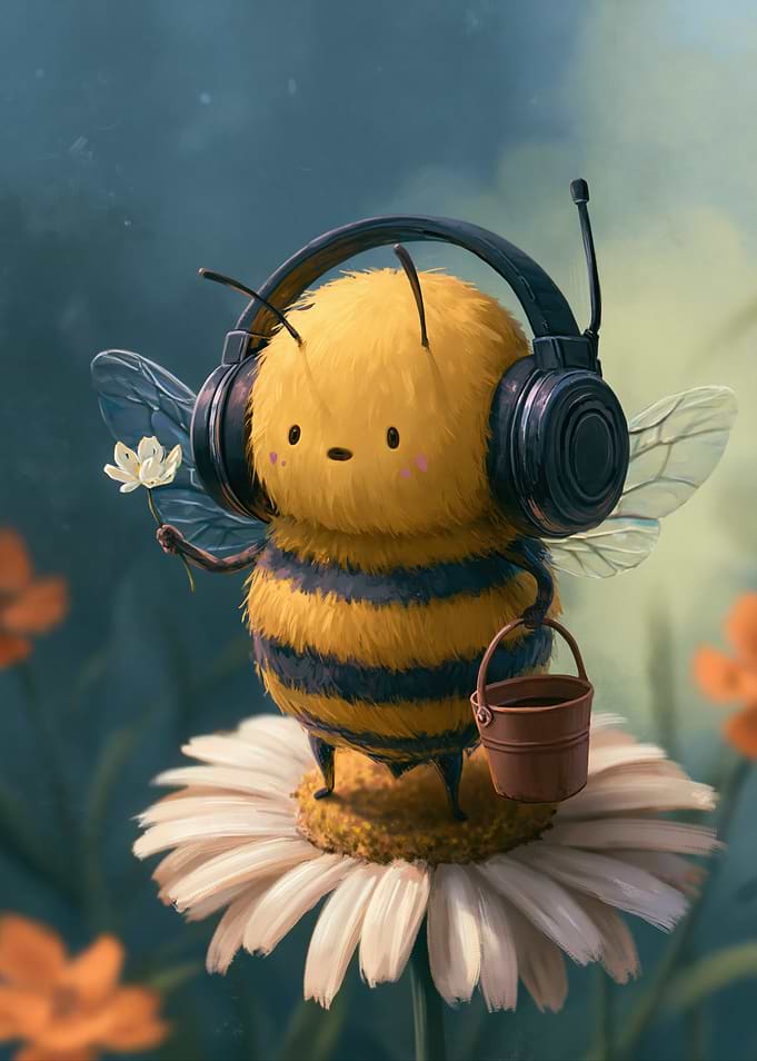Cute Bee with Headphones and Flower