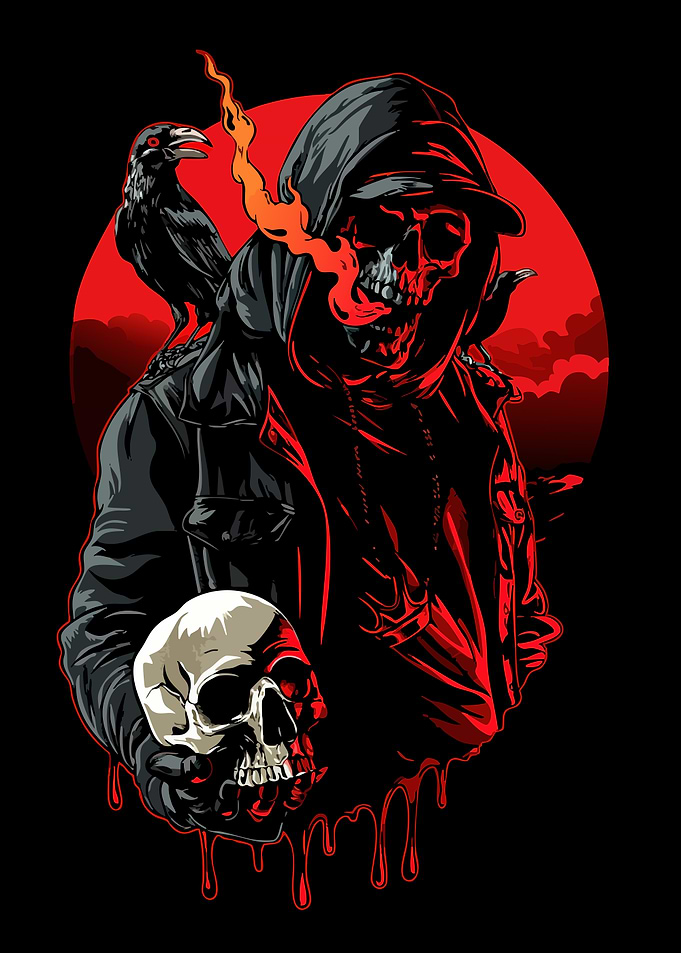 Grim Reaper with Skull and Ravens