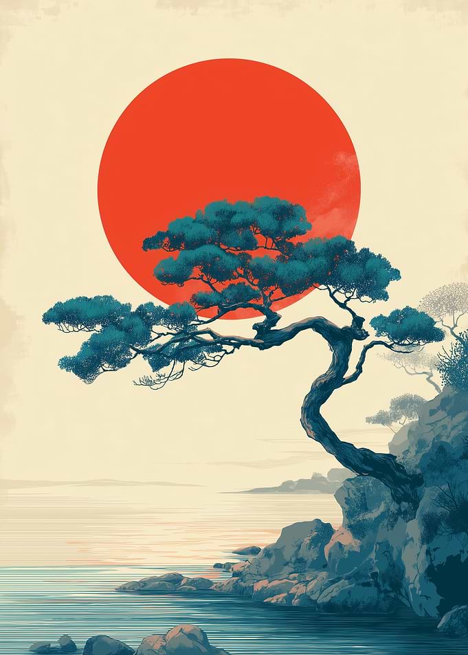 Serene Japanese Landscape with Pine Tree