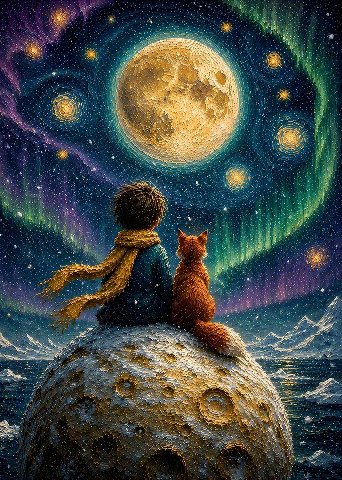 Boy and Fox on Moon