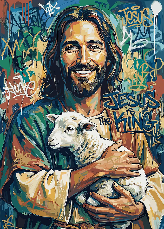 Jesus Holding a Lamb with Graffiti Background