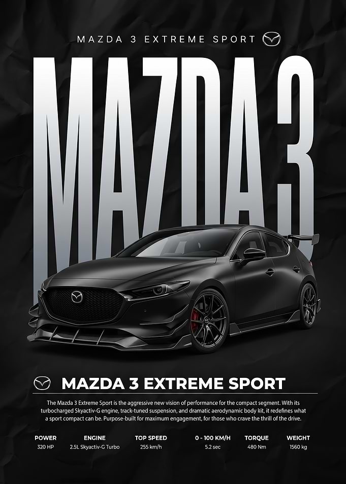 A sleek black Mazda 3 Extreme Sport Car poster
