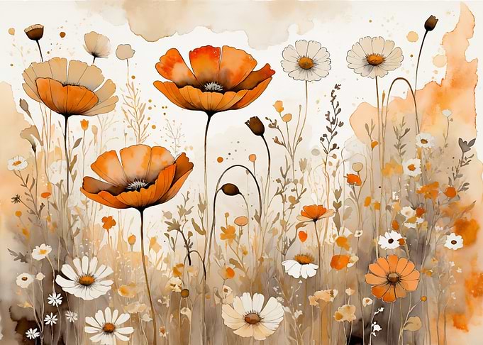 Watercolor Poppies and Daisies