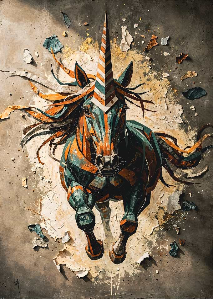 Orange Teal Charging Unicorn Collage