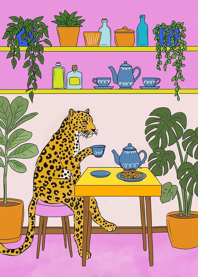 Leopard Enjoying Tea and Cookies