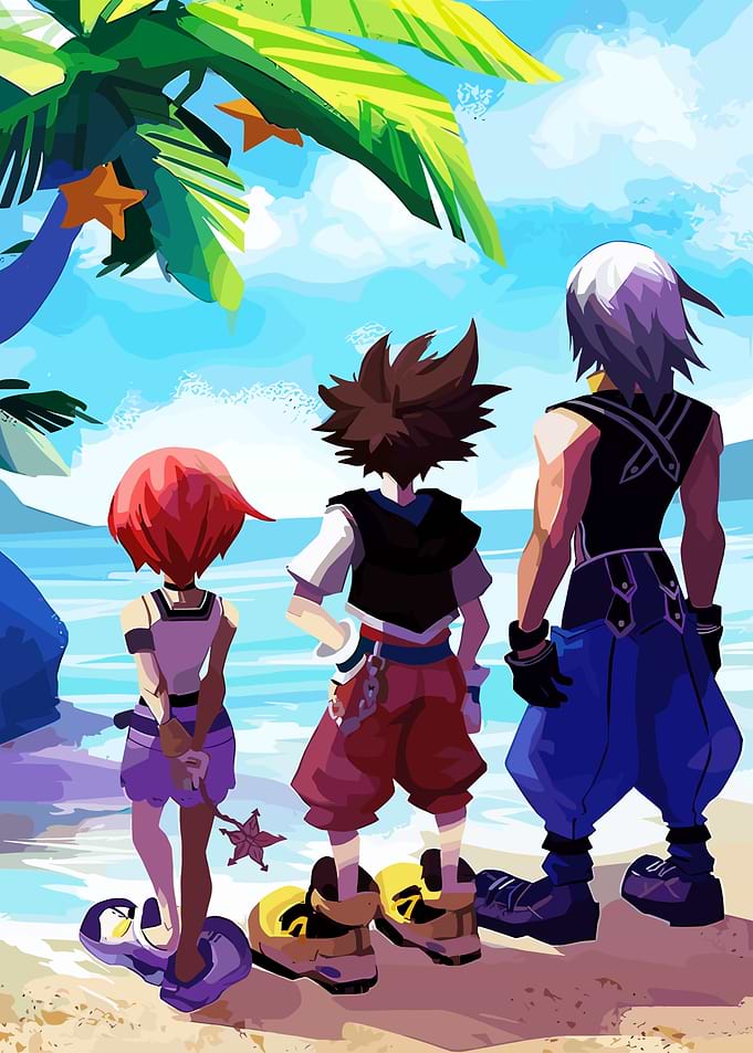 Kingdom Hearts characters on a beach