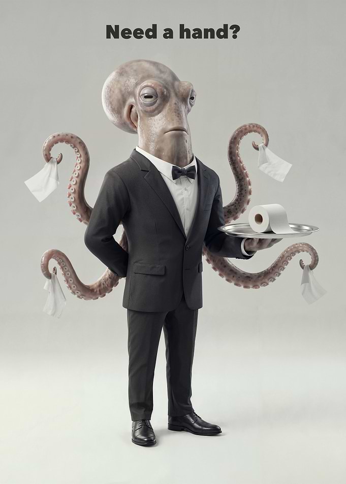 Octopus Butler Offers Toilet Paper