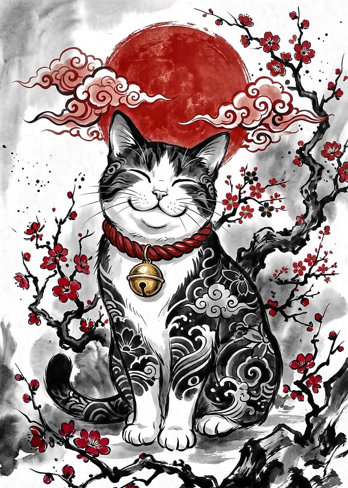 Japanese Cat with Japanese-style tattoos