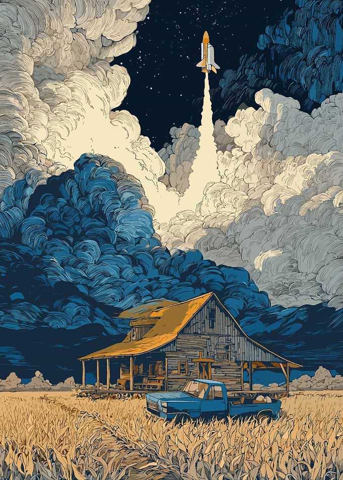 Space Shuttle Launch Over Rural Landscape