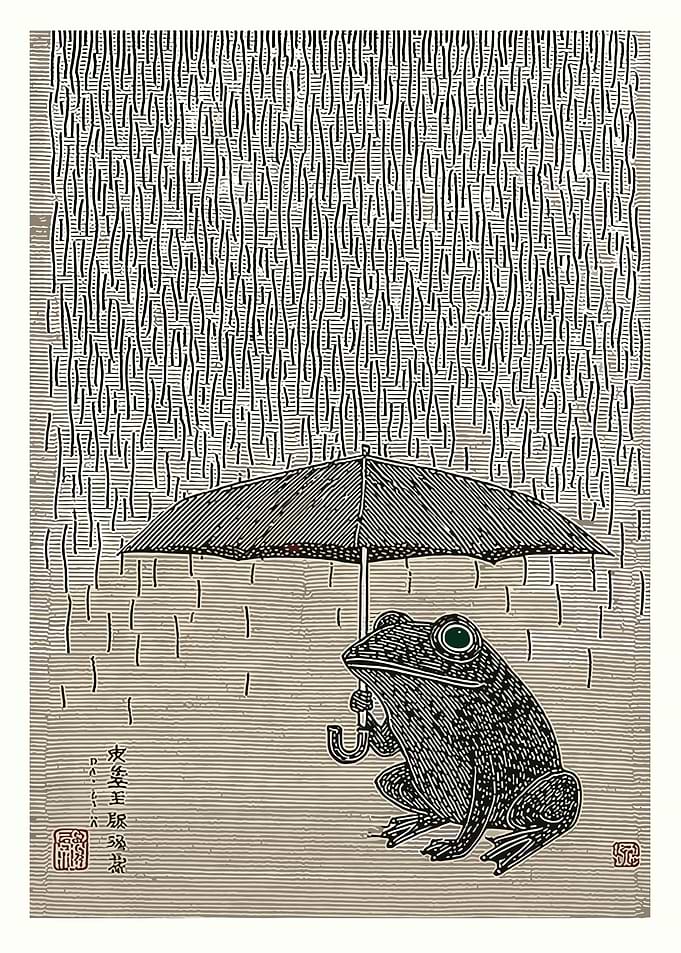 Frog Under Umbrella in Rain