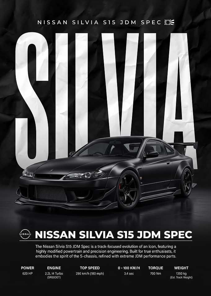 A striking black Nissan Silvia S15 car Poster