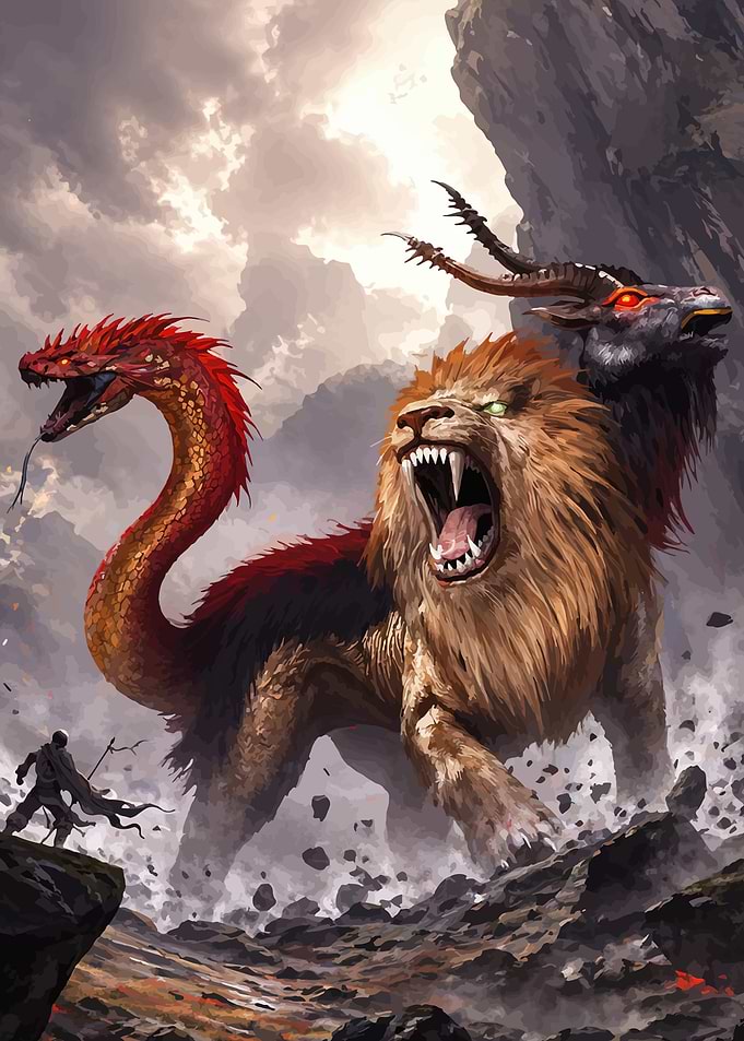 Mythical Chimera Creature Confronts Warrior