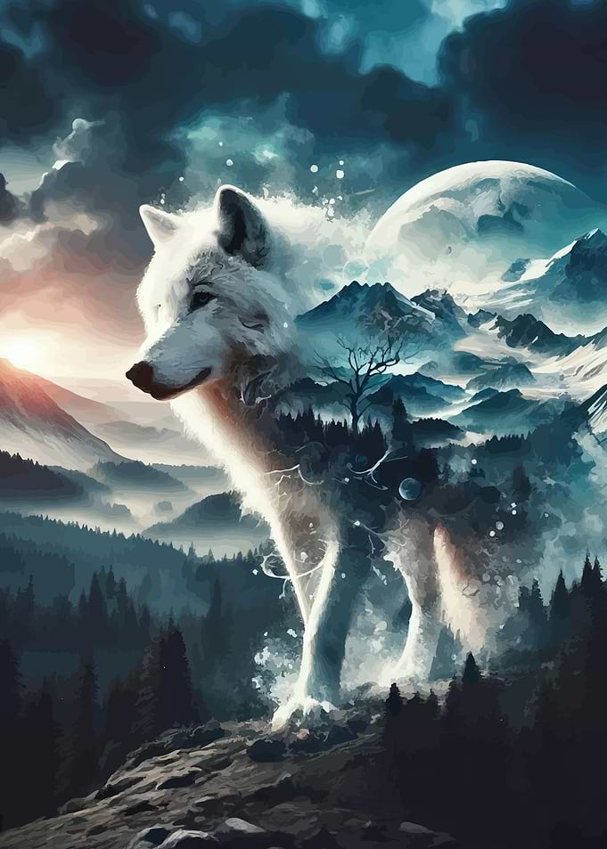 Spirit Wolf Over Forest Landscape