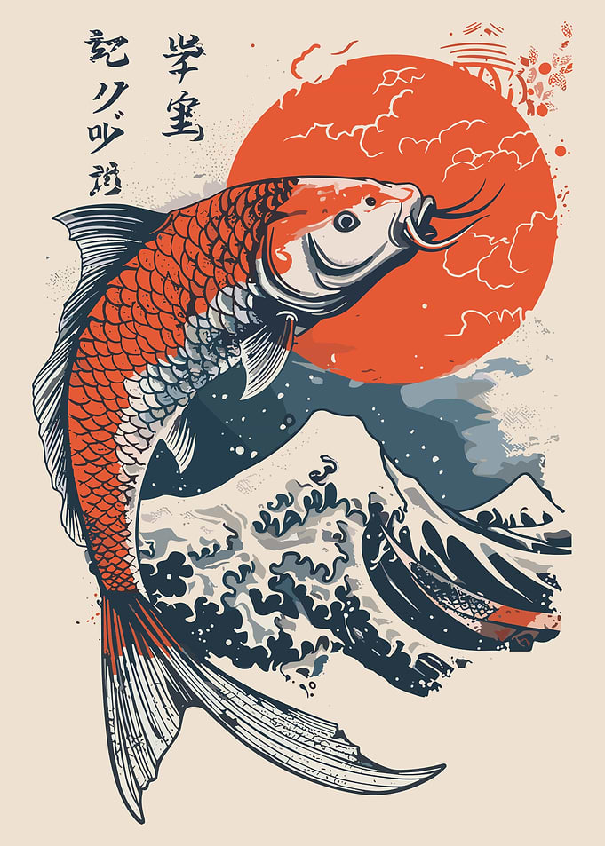 Japanese Koi Fish Great Wave Wall Art Print – Ukiyo-e Style Samurai Decor Poster