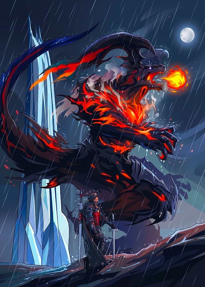 Dragon and Knight in Rain