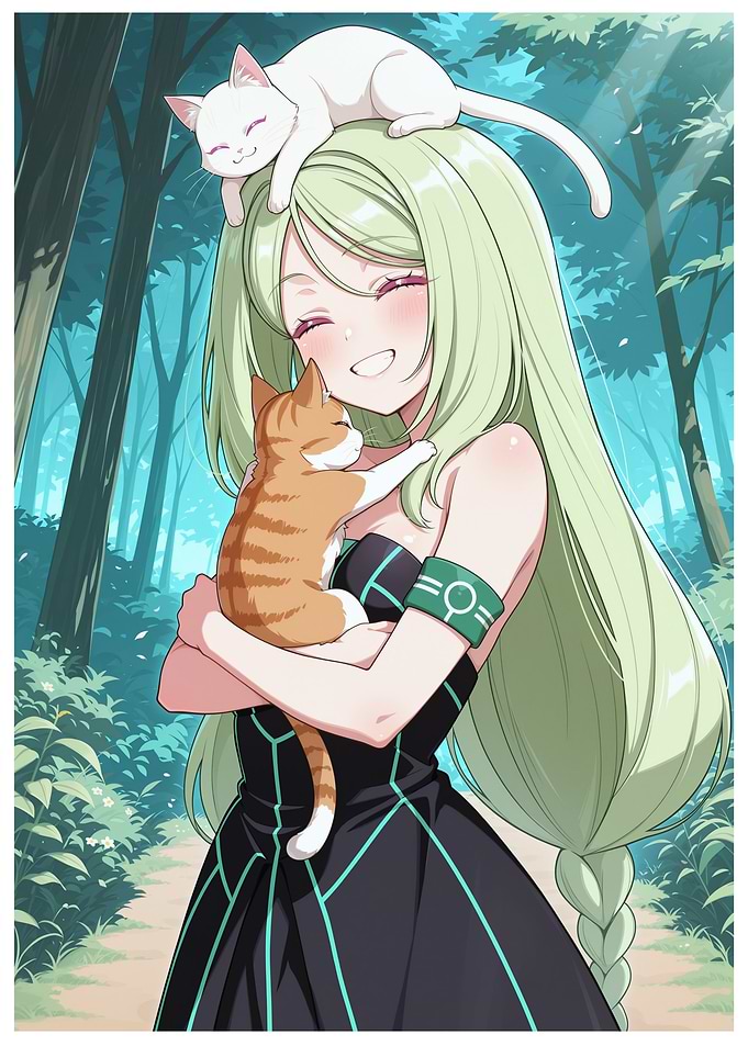 cute Anime Girl with Cats in Forest