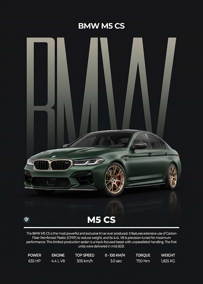 A striking BMW M5 CS Performance car poster