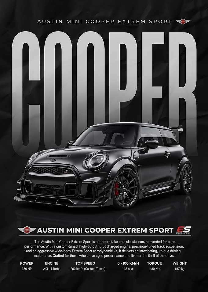 A sleek black Mini Cooper s Extrem Sport poster