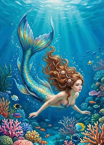 Mermaid Swimming in Coral Reef