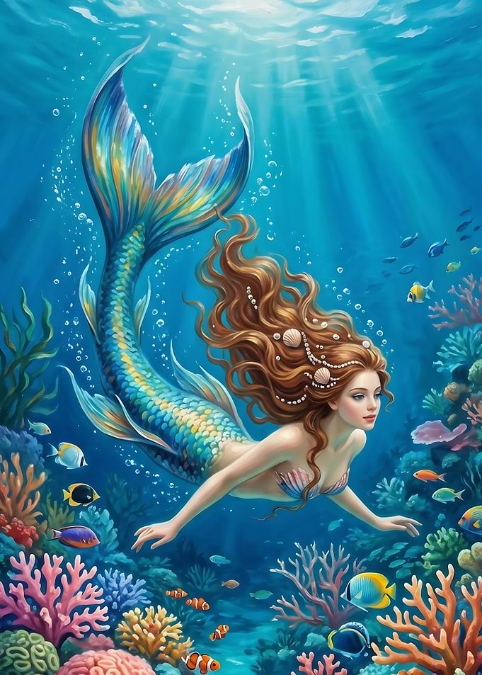 Mermaid Swimming in Coral Reef