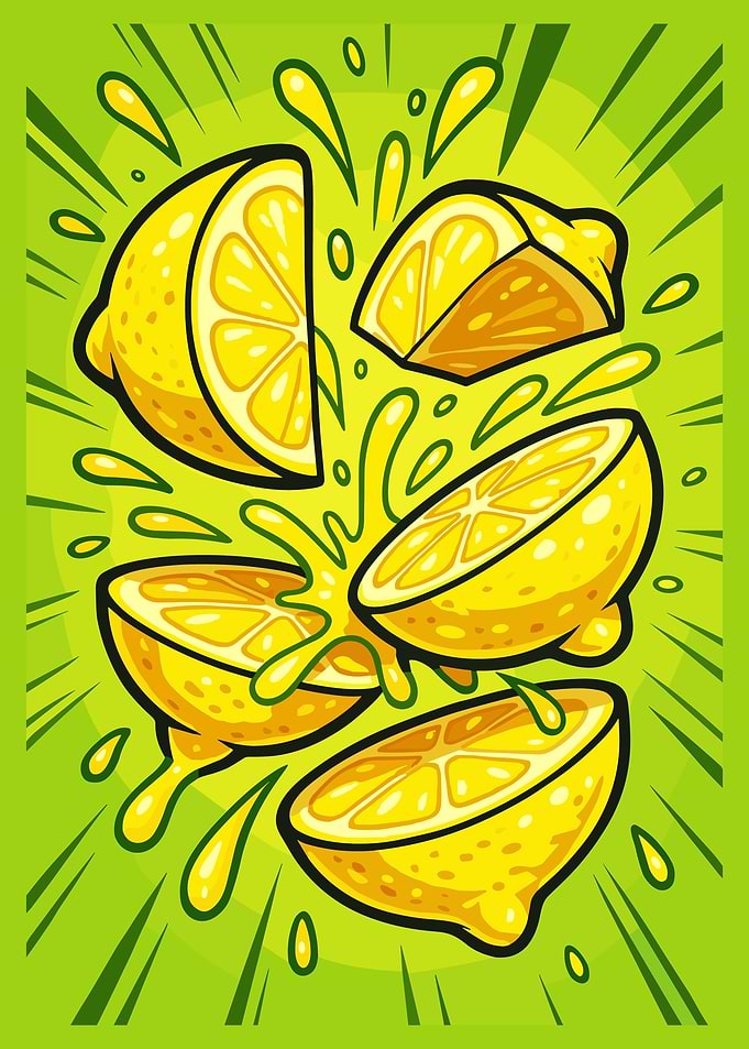 Exploding Lemon Pop Art Poster Vibrant Citrus Kitchen Wall Art
