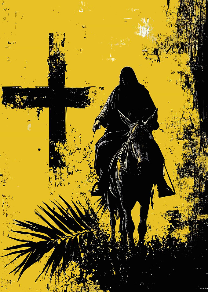 Jesus Riding a Donkey with Cross and Palm