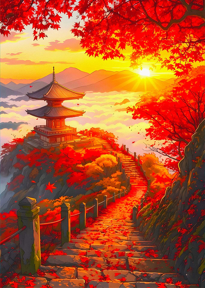 Autumn Pagoda Overlooking Misty Mountains