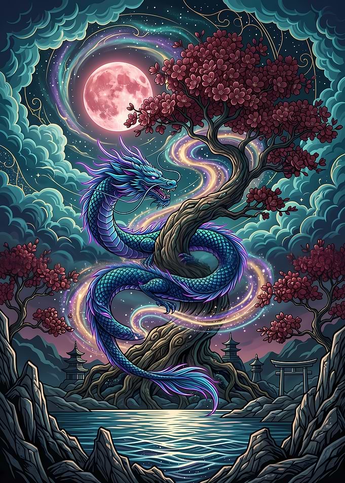 Dragon and Cherry Blossom Tree